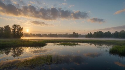 Obraz premium sunrise over lake fog over a sunrise swamp sky reflecting on a small rural creek fog over pond.