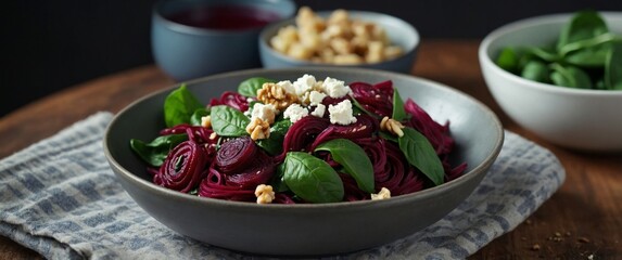 Roast Beetroot Pasta with spinach, walnuts and feta cheese healthy food.