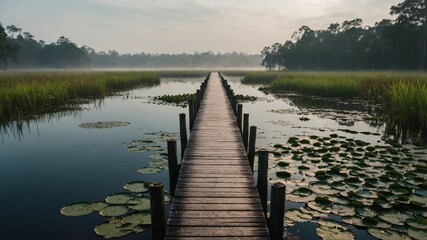Fototapeta premium wood pier path over a swamp landscape misty and foggy early morning large The Royal Victoria water lily.