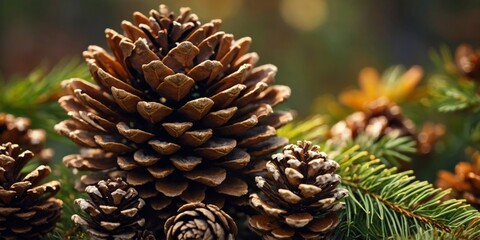 Obraz premium Pine cone background Autumn nature with bokeh.
