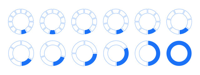 Circles divided diagram 1, 2, 3, 10, 7, 8, 9, 10, 11, 12 equal parts. Graph icon pie, pizza shape section charts. Coaching blank template. Segments wheel round divide infographic set. 