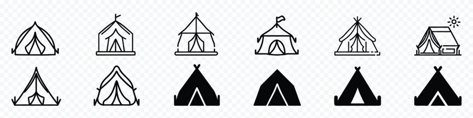 Tent icon vector. Camp icon on transparent background, Tourist camping tent vector icon set, Tent with a flag icon. Refugees or kids tent camp icon.  © marufpro555777