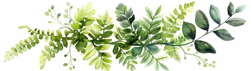 Watercolor fern with delicate fronds, vibrant green hues, isolated on white background, soft focus, top-down view, light and airy style
