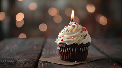 Celebratory Cupcake with Work Anniversary Note: A celebratory cupcake with a candle and a note celebrating a happy work anniversary.