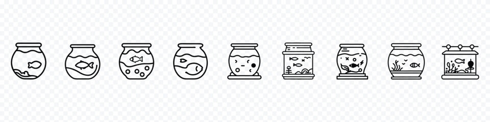 aquarium icon, Fish in aquarium icon, Fish home aquarium icon. Outline fish home aquarium vector icon, Aquarium tanks outline icons set, aquariums with plants and fish. aquarium with fish and bubbles