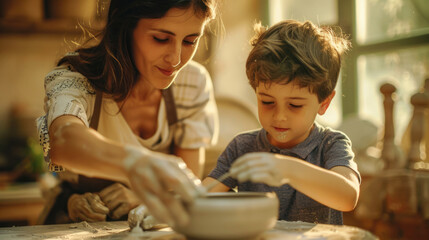 Mother and son enjoying pottery making together in warm sunlight