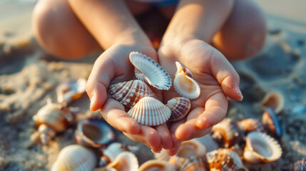 Kid showing off seashell collection at beach close up