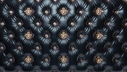 Fototapeta premium Luxurious black tufted leather with ornate gold buttons for an upscale wallpaper design