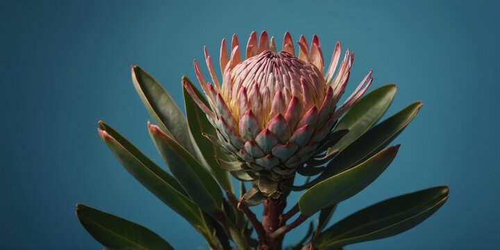One tender blooming serruria protea lying blue background.