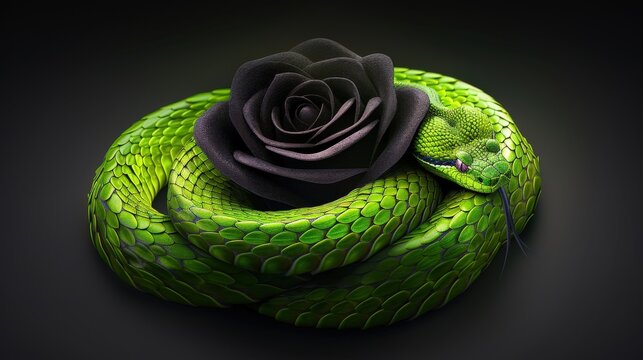 A green viper coiled around a black rose symbolizing envy and pain