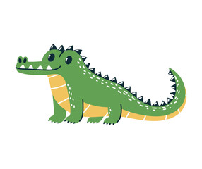 Green alligator with a yellow belly sitting on a white background.
