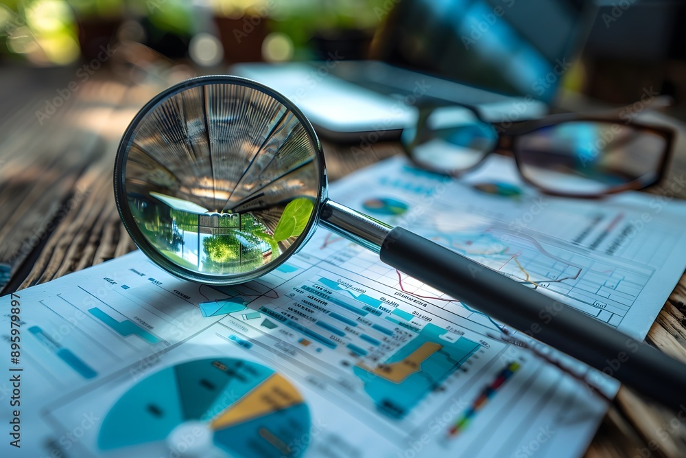 Aufkleber analyzing data with a magnifying glass: insights and charts on a wooden table