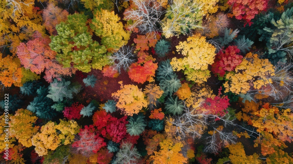 Poster Aerial view of a forest showing trees with colorful foliage ranging from green to yellow and red