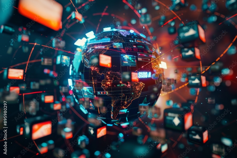Poster digital globe showing data from social media and smartphones flowing around