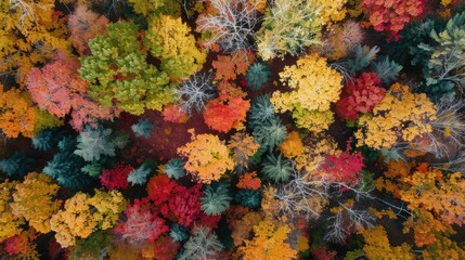 Aerial view of a forest showing trees with colorful foliage ranging from green to yellow and red