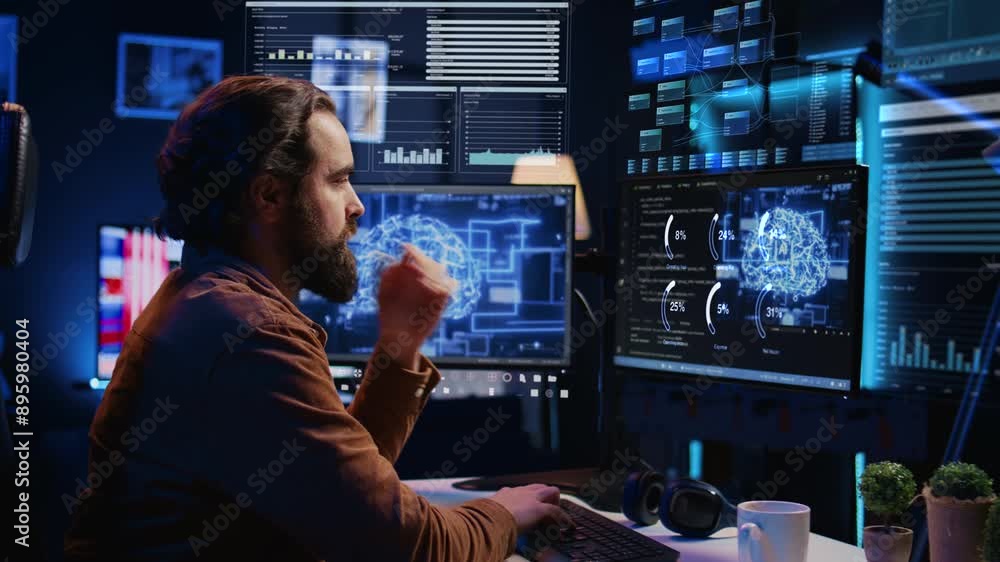 Poster freelancer using computer, interacting with artificial intelligence software using ar tech. remote w