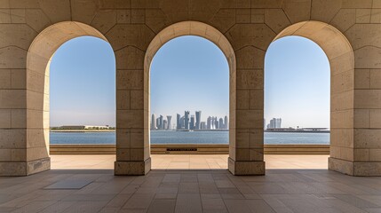 a cityscape of modern skyscrapers, seen through a stone archway with a view of the waterfront and a fountain in the foreground