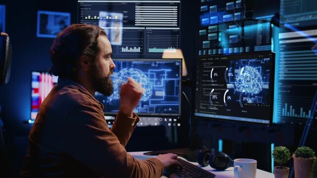 Freelancer using computer, interacting with artificial intelligence software using AR tech. Remote worker working with AR technology, giving commands to virtual AI companion