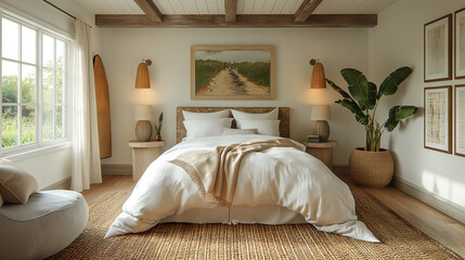 hero shot interior design photography, modern American coastal country style bedroom photo for Pottery Barn, bright, warm and airy image, Iconic Works of Design, neutral colors, balance and symmetry, 