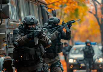 SWAT team members in tactical gear aiming their rifles during an operation, with police vehicles and autumn leaves in the background.
