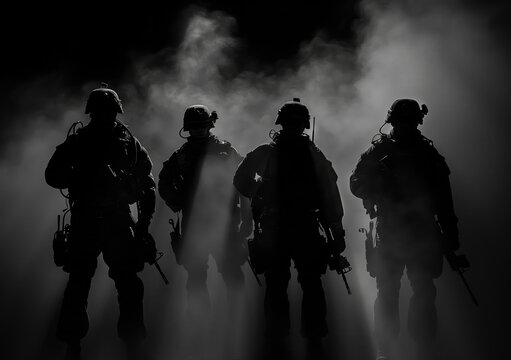 A group of special forces soldiers dressed in black, silhouetted against a smoky background, creating a dramatic and intense scene