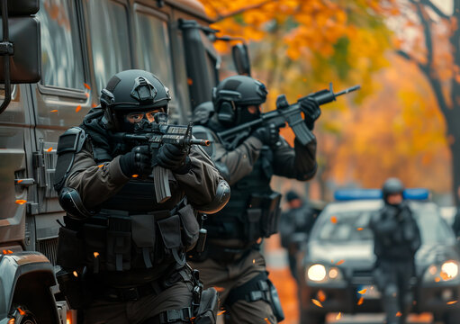 SWAT team members in tactical gear aiming their rifles during an operation, with police vehicles and autumn leaves in the background.
