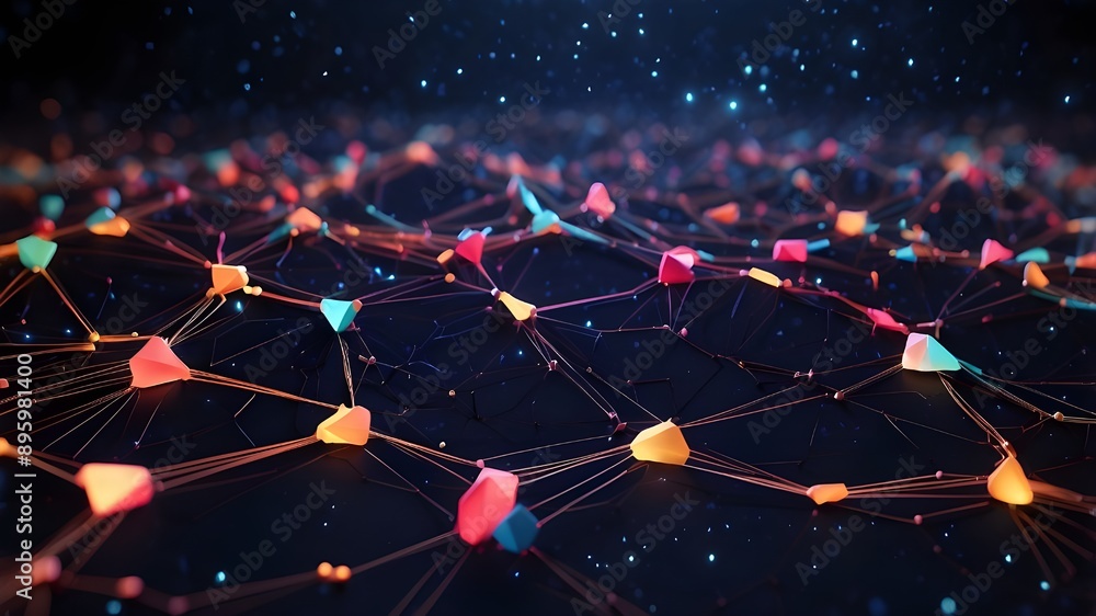 Poster dark night sky with luminous links and polygonal lines forming an abstract computer network backgrou