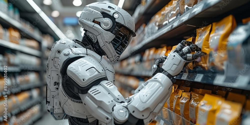 Poster humanoid robot helping with inventory management in a high-tech store