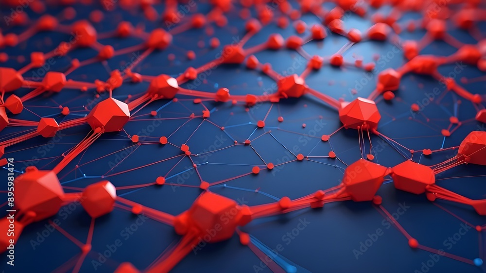 Poster technology with low polygonal lines connecting bright red and blue dots. data, notion of internet ne