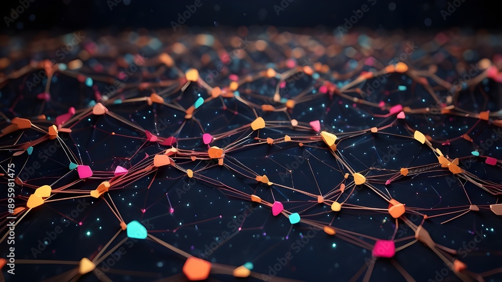 Poster dark night sky with luminous links and polygonal lines forming an abstract computer network backgrou