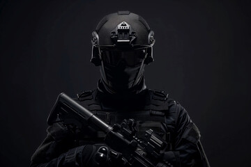 A tactical soldier in full black gear and helmet, holding a rifle, against a dark background. The scene is intense and focused