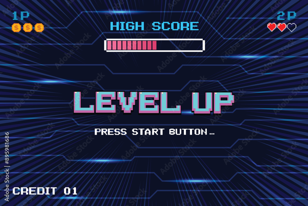 Poster level up. pixel art .8 bit game. retro video game. for game assets in vector illustrations.