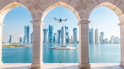 Fototapeta premium A drone flies over a cityscape of modern skyscrapers, seen through a stone archway with a view of the waterfront and a fountain in the foreground
