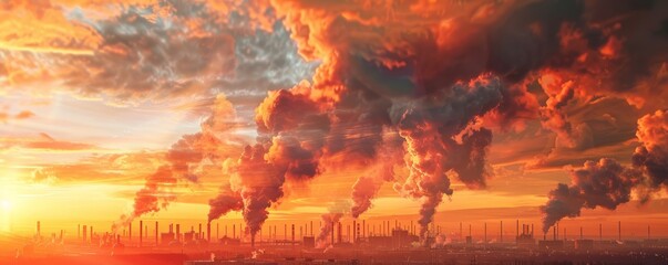 Obraz premium Industrial smoke stacks spew plumes that morph into mythical creatures against a fiery sunset
