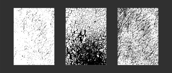 Set of grunge cracked and shabby textures. Worn grainy grunge background. Rough effect of ice, snow for winter design. Black and white color. Dirty eroded vintage background. Vector illustration.