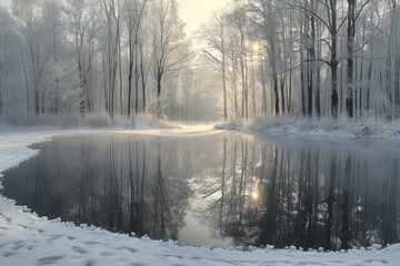 Snowy scene of a river with trees and snow on the ground, winter forest