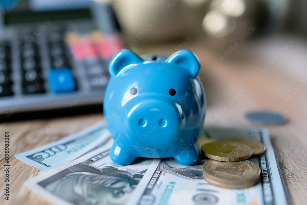 Wall mural A pink piggy bank with money, calculator, and banknotes on a white background representing savings and finance concepts