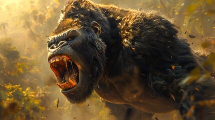 Angry Silverback Gorilla Roaring in Jungle
