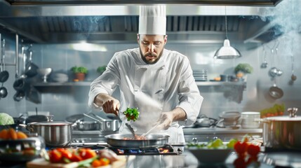 Professional chef cooking gourmet dish in a commercial kitchen. 