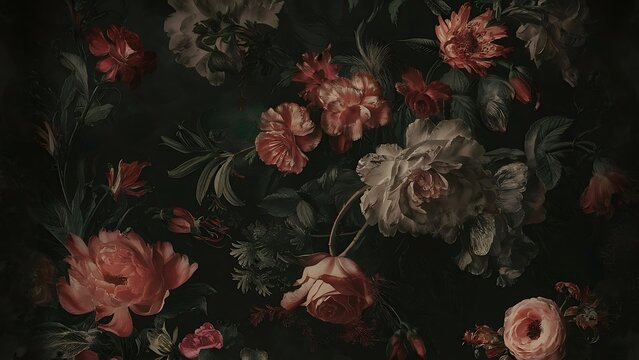 Dark floral wallpaper with vintage botanical print and moody hues, featuring lush blooms , vintage, dark, floral, wallpaper, botanical, print, moody, lush, blooms, vintage aesthetic