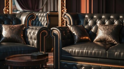 Luxurious black tufted leather with ornate gold buttons for an upscale wallpaper design
