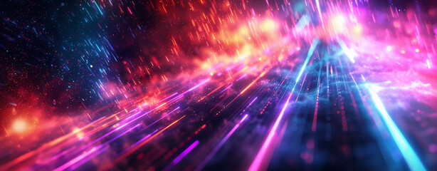 Fototapeta premium Futuristic abstract background, colorful bright neon rays and glowing lines. AI generative
