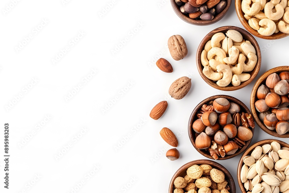 Poster a colorful array of nuts in wooden bowls