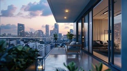 Luxurious apartment balcony with modern terrace, offering a stunning city view from a high-end residential complex