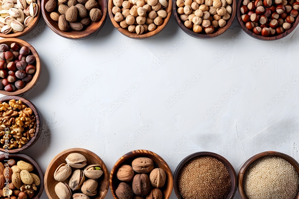 Poster a colorful array of nuts and seeds in wooden bowls