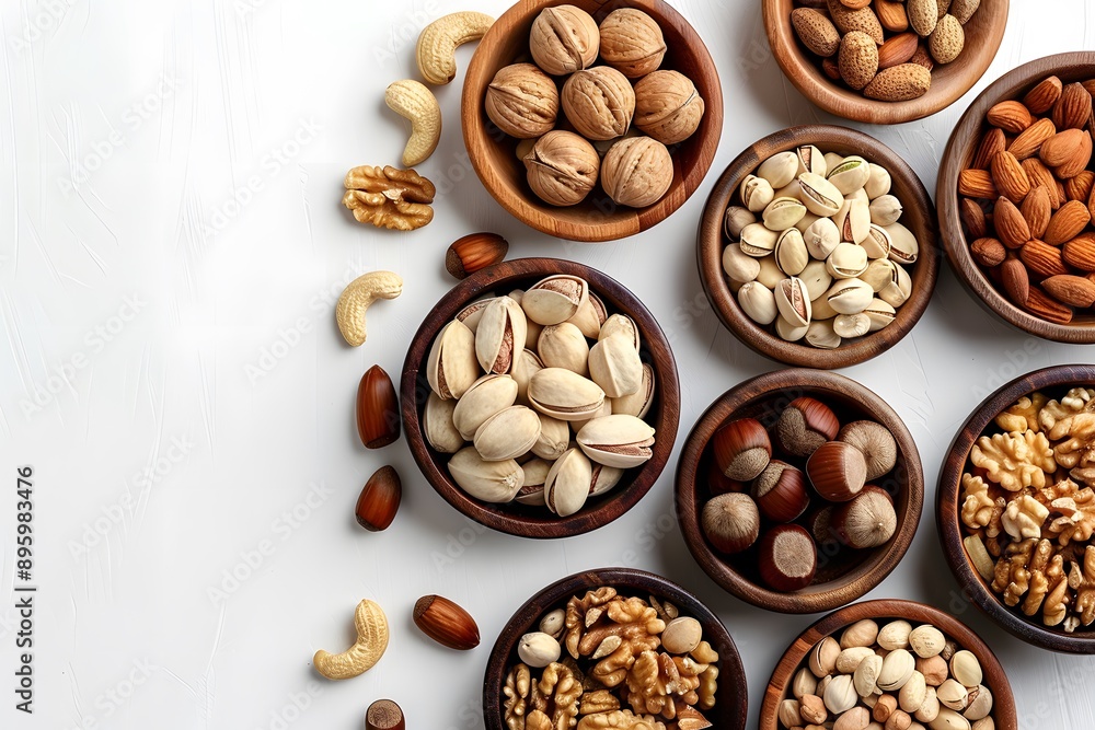 Poster a colorful array of nuts in wooden bowls