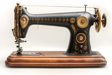 Vintage Sewing Machine with Intricate Design and Wooden Base