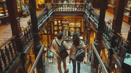 Naklejka premium A couple of people are walking up a staircase in a museum