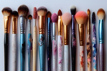 Fototapeta premium Colorful Makeup Brushes with Powder Residue - Perfect for Beauty Blogs, Tutorials, and Product Promotions