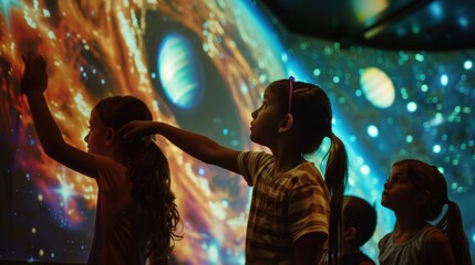Fototapeta premium A group of children are looking at a projection of a planet